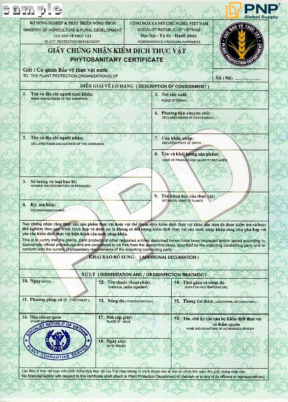 Mẫu giấy chứng nhận kiểm dịch thực vật