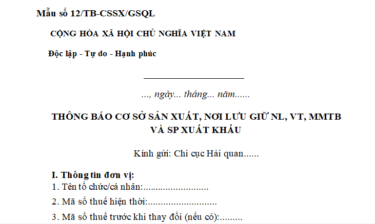 Mẫu số 12/TB-CSSX/GSQL